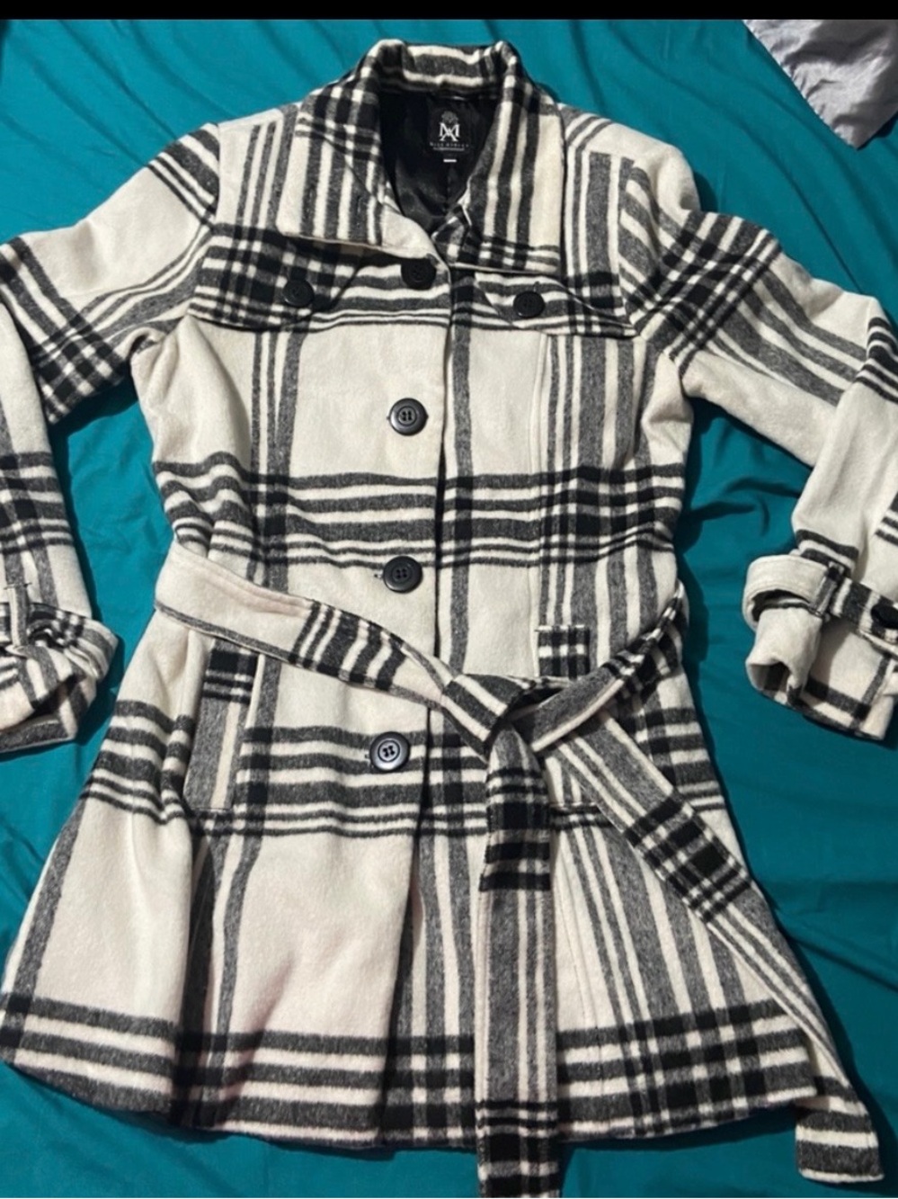 Ashley By 26 International Black and White Plaid Belted Pea Coat